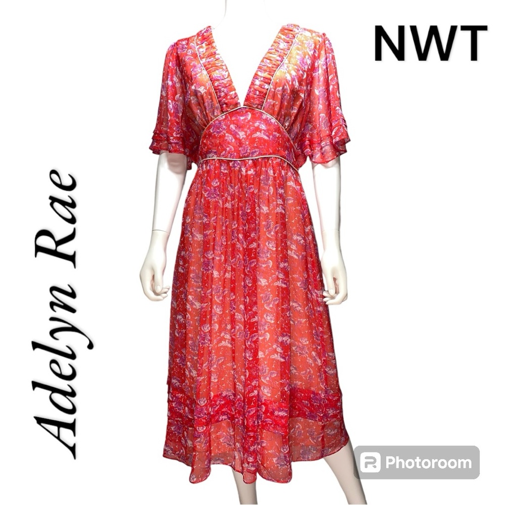 Adelyn Rae Red Purple Floral Flowy Midi Length Fit and Flare Dress Womens Size M